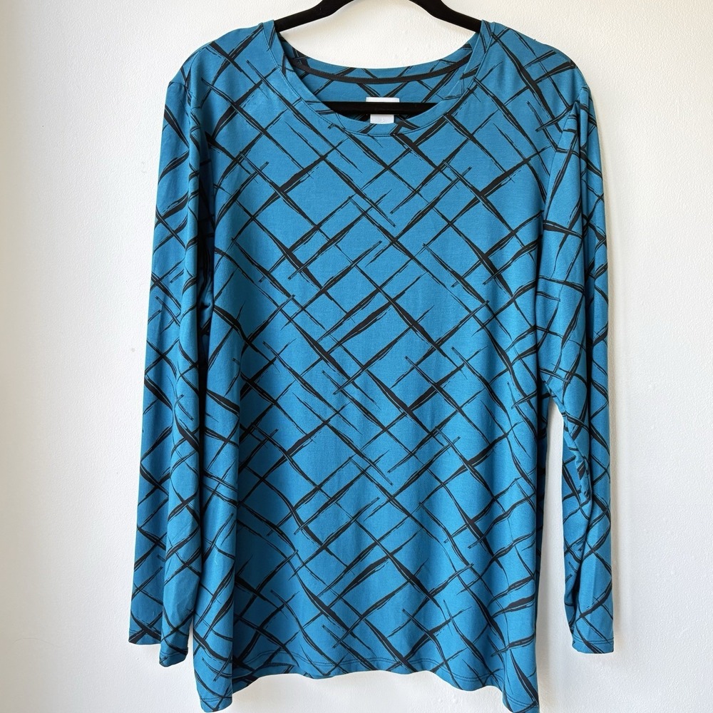 Chicos Abstract Print Crew Neck Draping Top 3 (XL) Teal Black Travel Office